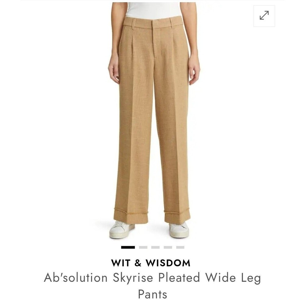 Wit & Wisdom Ab Solution Sky Rise Pleated Wide Leg Tan Pants 8 Raw Hem Cuff Work